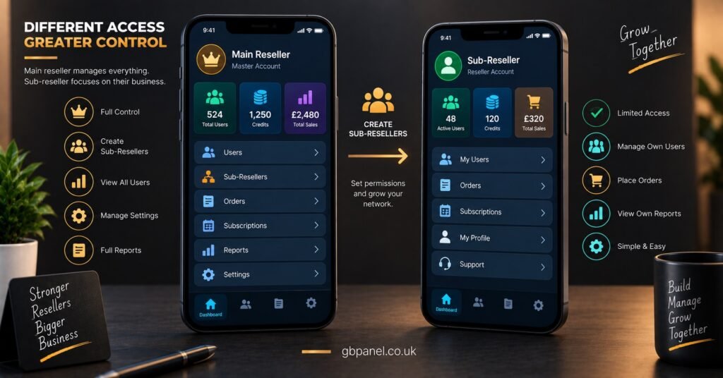 Sub-reseller and main reseller dashboard views compared on mobile